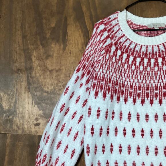 LOFT Womens Sweater White Red Fair Isle Comfy Winter Wool Blend XLarge - Picture 4 of 12